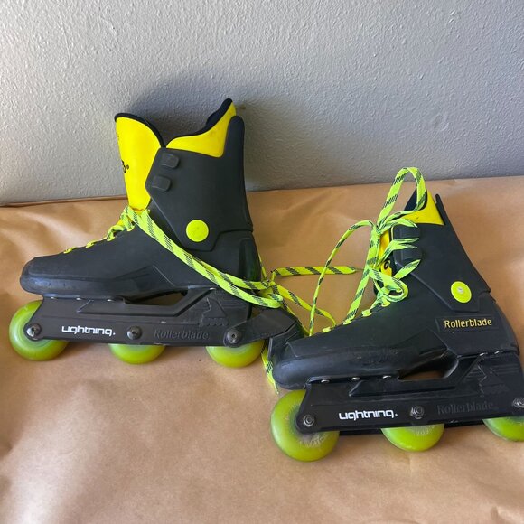 vtg 90s Rollerblade Lightning Inline Skates Sz 40-6 Black Neon Yellow Kryptonics - Picture 1 of 6